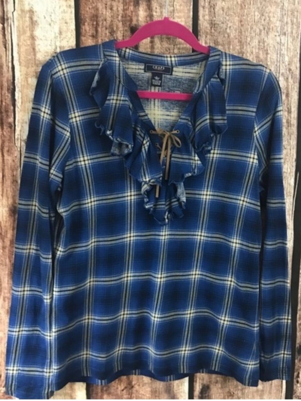 Denim Flannel Ruffled V Neck Pullover